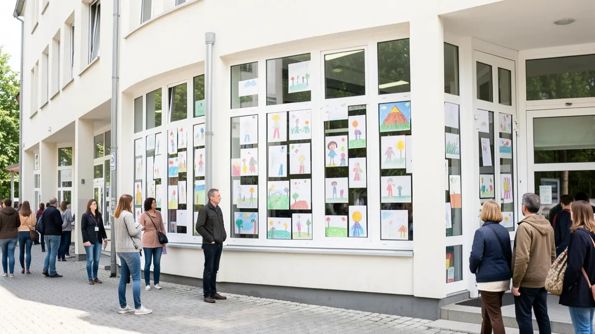 Generic image of a school building facade with children's drawings on the windows, daylight.