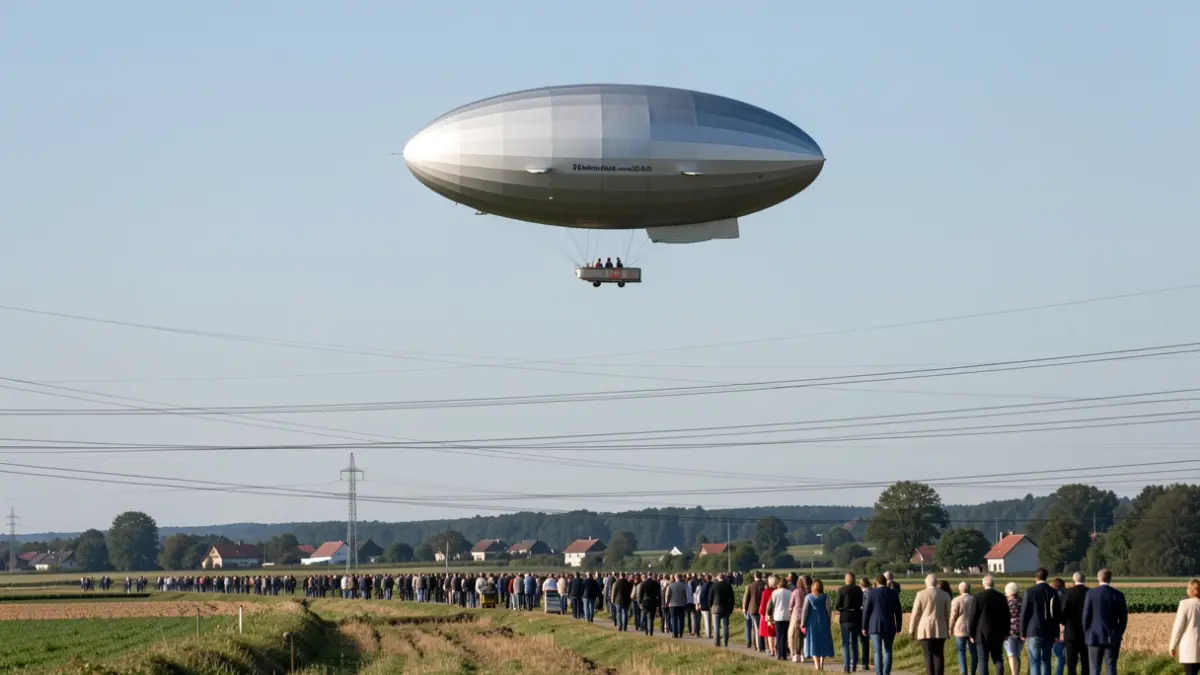Image générique d'un dirigeable survolant des lignes électriques dans un paysage rural.