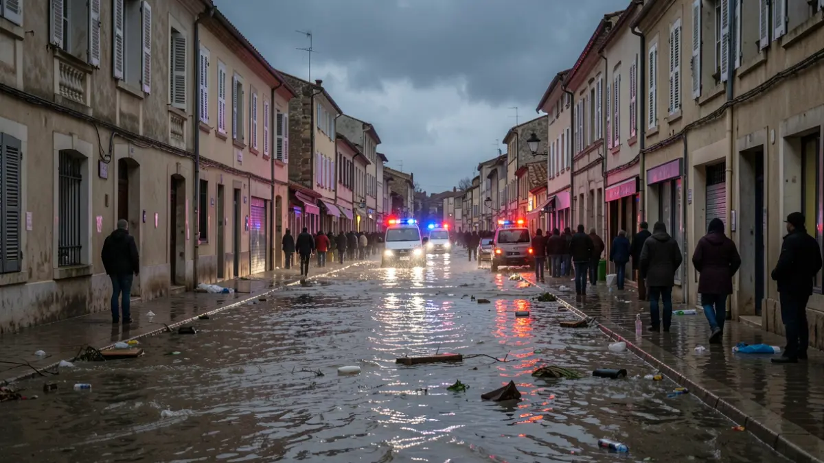 Image générique de rue inondée à Lodève lors d'intempéries.