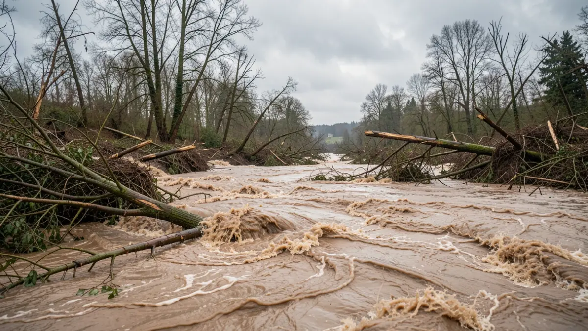 Generic image of a flooded riverbank with debris and uprooted trees, muddy water flowing rapidly, overcast sky, dramatic natural disaster scene, wide shot.