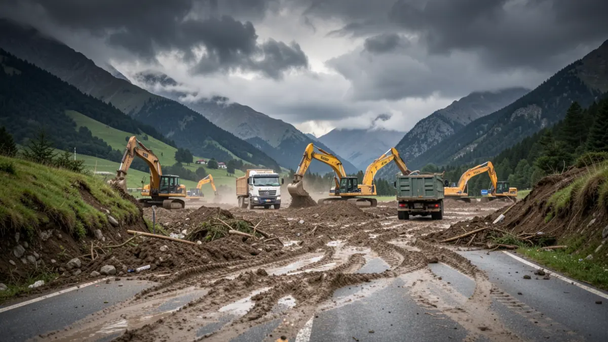 Generic image of road clearing work in the mountains after severe weather.