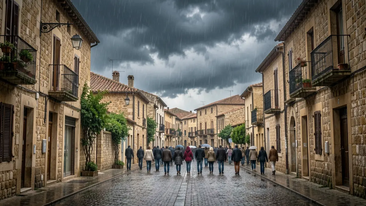Generic image of stormy weather over a southern French town, with heavy rain and empty streets.