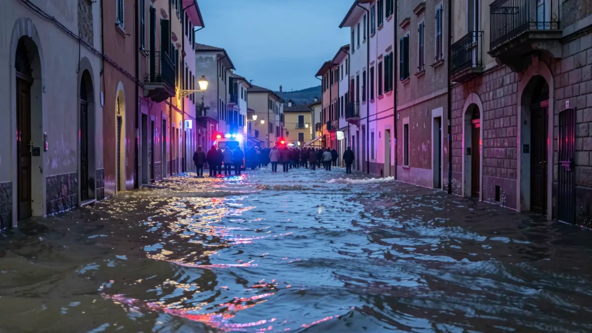 Image générique de rues inondées dans une ville méditerranéenne au crépuscule, avec des lumières d'urgence.