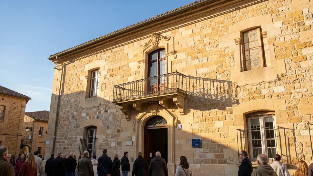Image générique de la façade d'un hôtel de ville en pierre du Sud-Ouest, avec balcon et balustrade en fer forgé, sous un soleil d'après-midi.