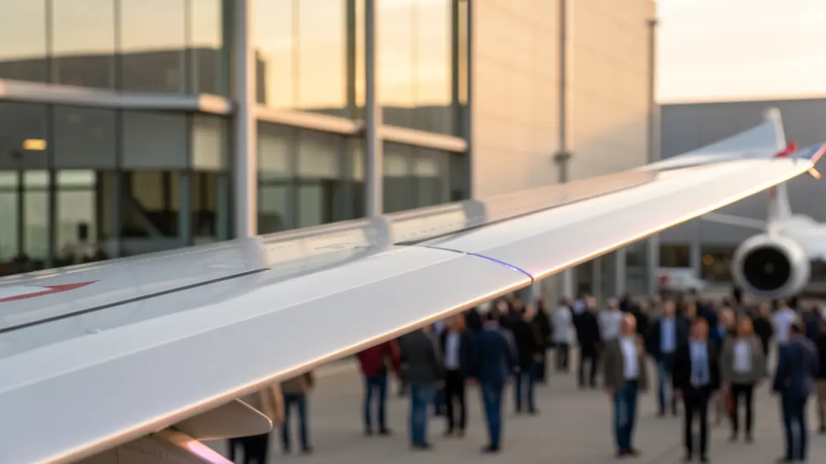 Close-up of a futuristic aircraft wing in an aerospace research center in Occitanie.