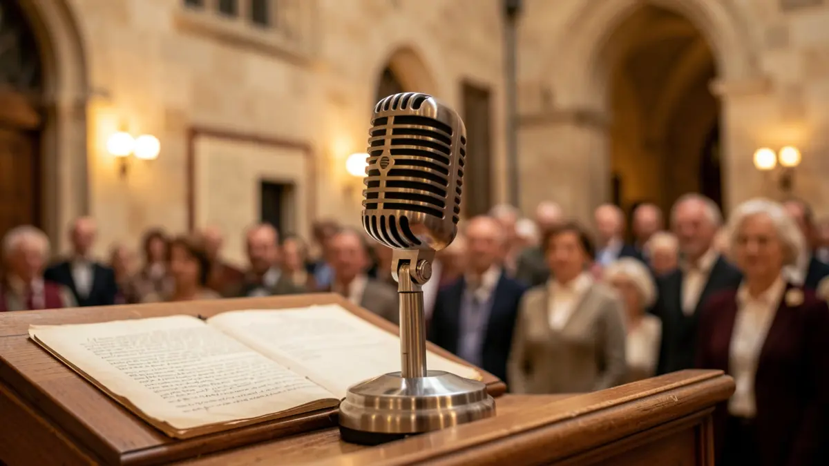 Image générique d'un microphone ancien sur un pupitre en bois, avec des documents historiques flous en arrière-plan.