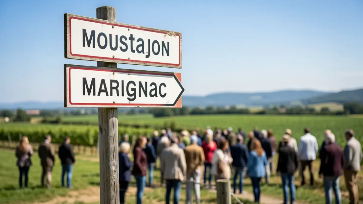 Directional sign indicating Moustajon and Marignac in a rural Occitanie landscape.