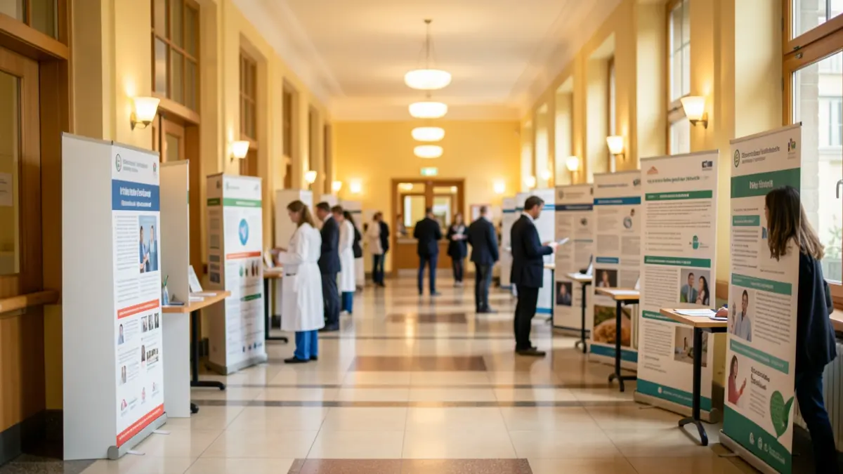Main hall of a hospital decorated for a health information day, with booths and healthcare professionals.
