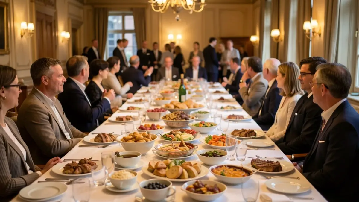 Generic image of a meeting room with a buffet, blurred participants in the background, warm lighting.