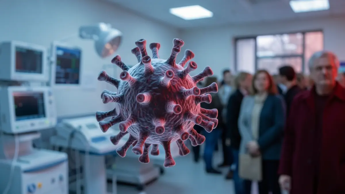Generic image of an abstract representation of the polio virus, with blurred medical equipment in the background.