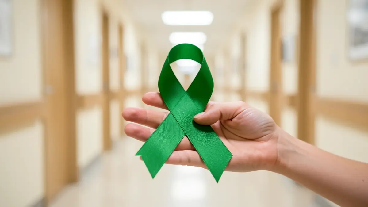 Un ruban vert, symbole du don d'organes, tenu par des mains dans un couloir d'hôpital.