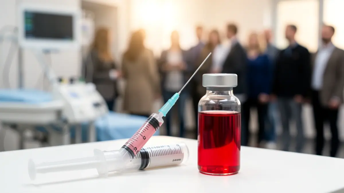 Image générique d'une seringue médicale et d'un flacon avec un liquide rouge, sur fond flou d'équipement médical.