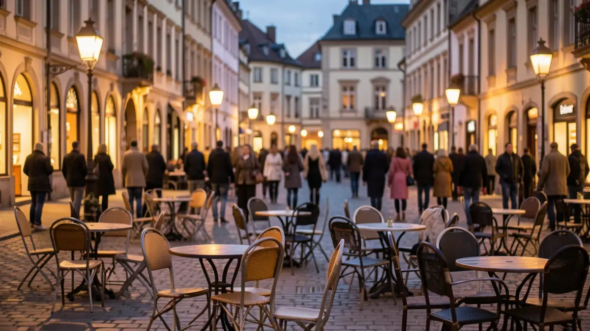 Generic image of a village square with scattered chairs and warm streetlights at dusk, no people or specific buildings visible, soft focus.