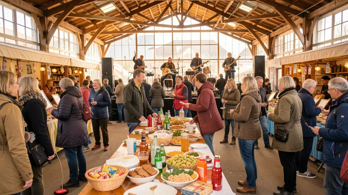 Image générique d'une journée sportive et solidaire sous une halle, avec des participants engagés dans diverses activités, des musiciens et une collation. L'ambiance est conviviale et chaleureuse.