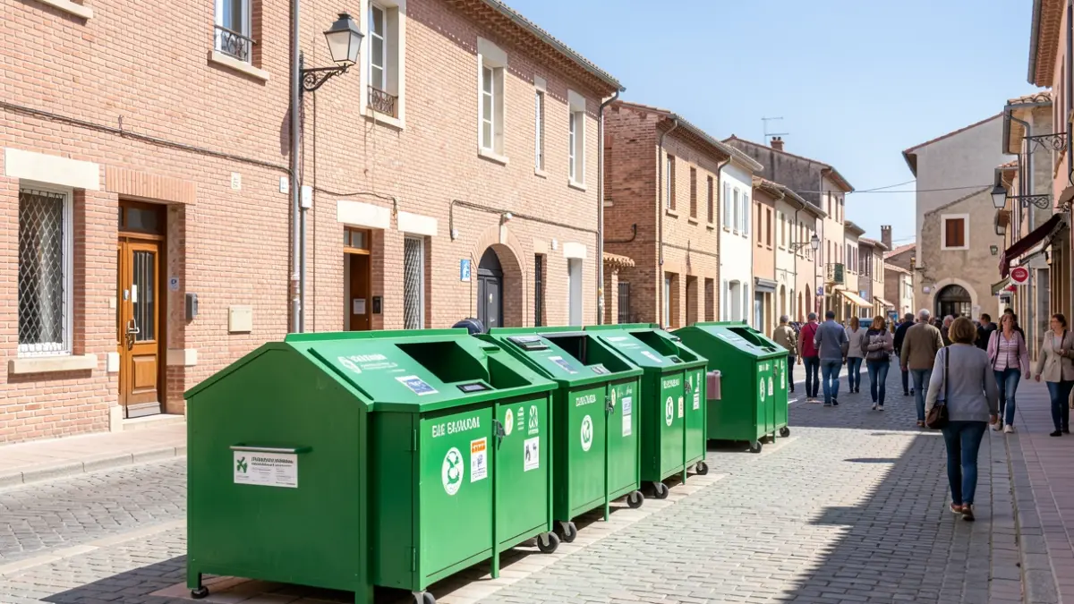 Bio-waste collection points installed in the streets of Juvignac, with typical South-West French architecture in the background.