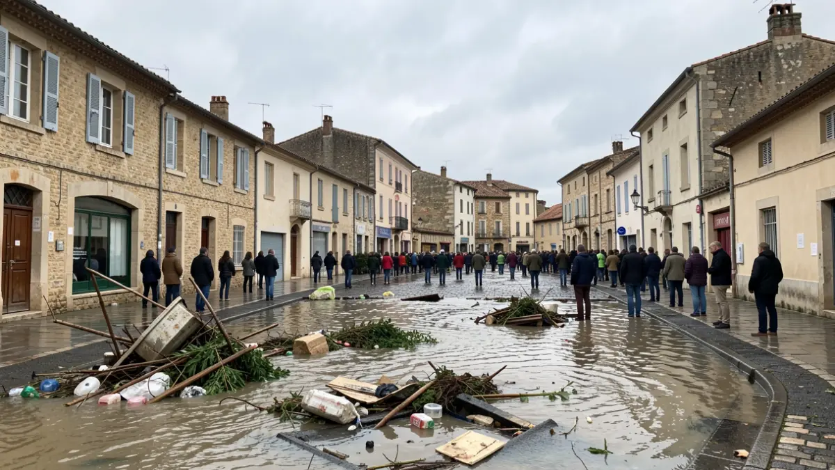 Image générique de la place de Juvignac après les intempéries, avec l'eau en train de se retirer et des débris visibles.