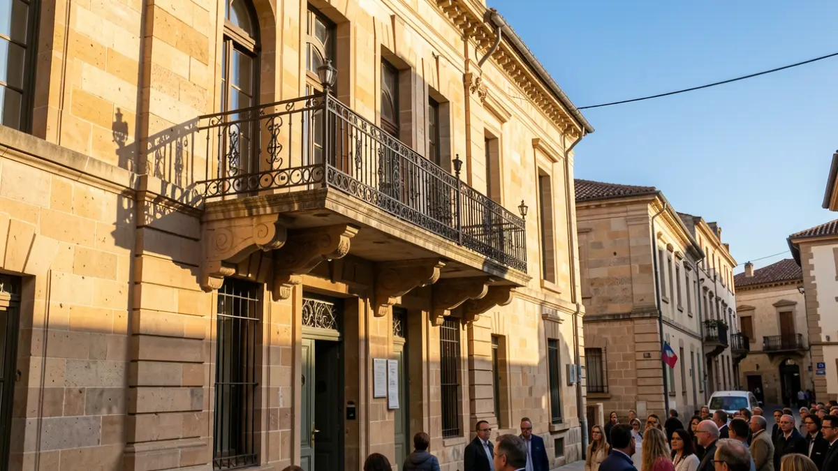 Stone facade of the Juvignac Town Hall, adorned with a balcony and ironwork, bathed in warm afternoon light.
