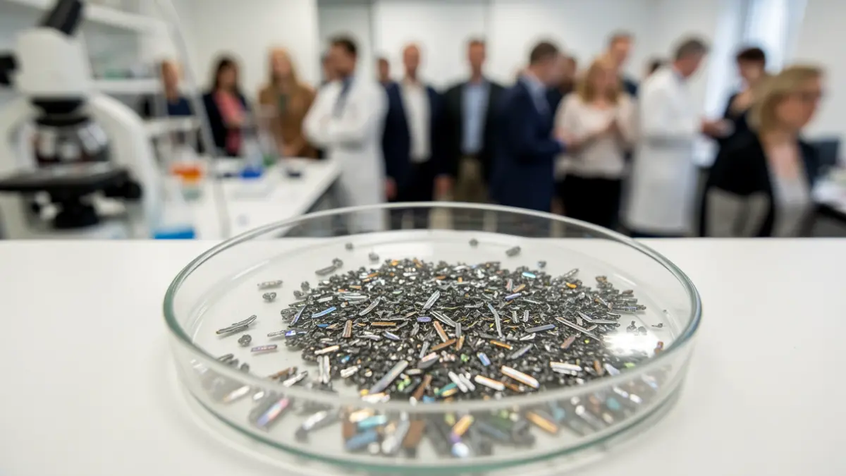 Sample of rare earth metals in a petri dish under a microscope, blurred laboratory environment.