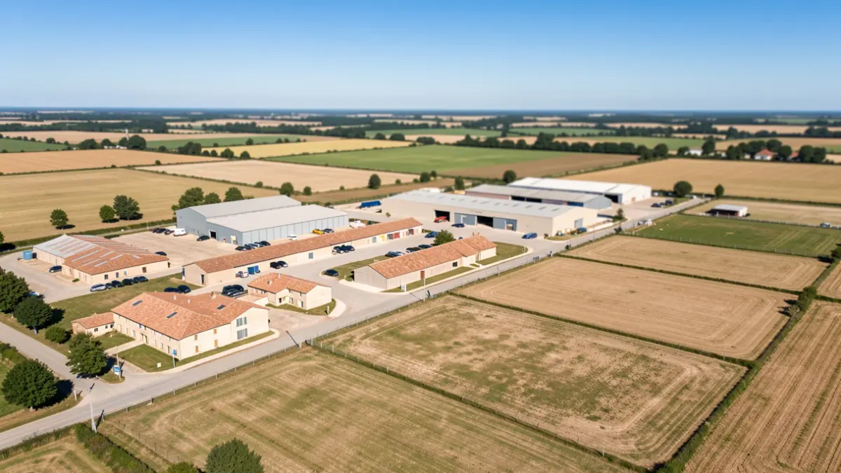 Image générique d'une zone d'activités rurales avec des parcelles aménagées et d'autres libres, sous un ciel bleu.