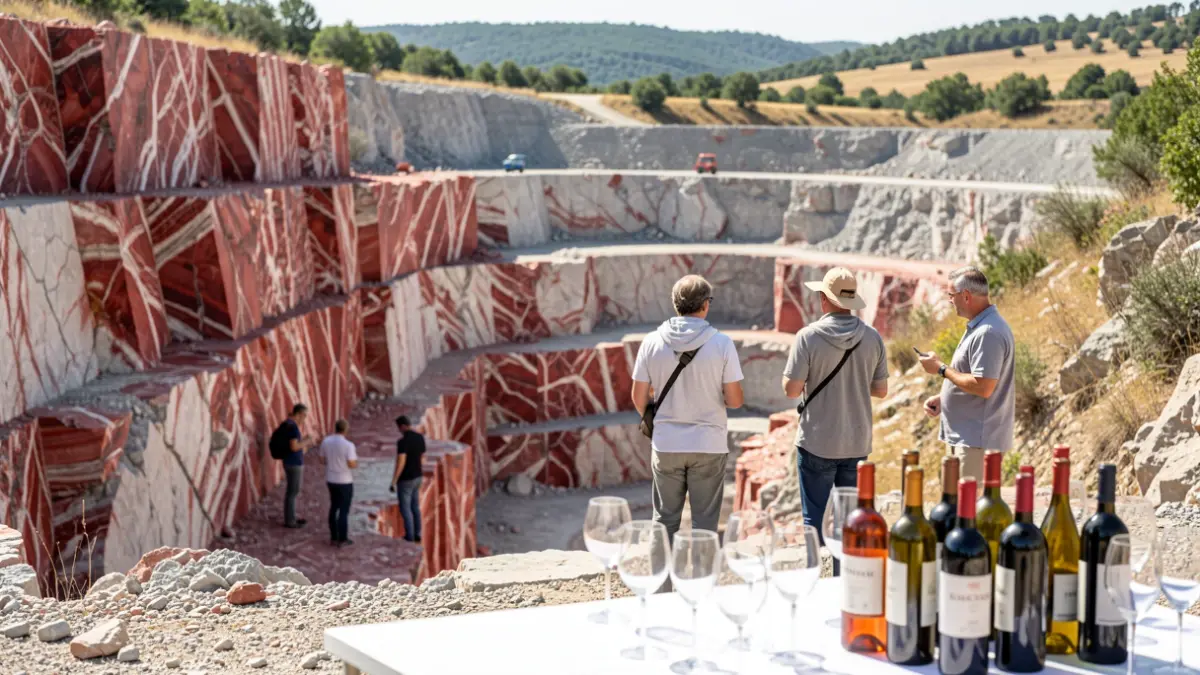 Generic image of a geological site with red marble layers, a guided tour group, and a wine tasting table.