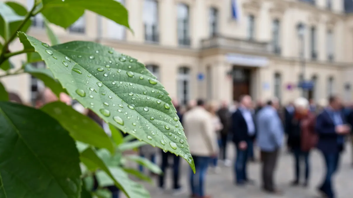 Image générique de feuilles vertes avec des gouttes de rosée, symbolisant la nature et l'environnement, avec un arrière-plan flou de la façade d'un bâtiment régional.