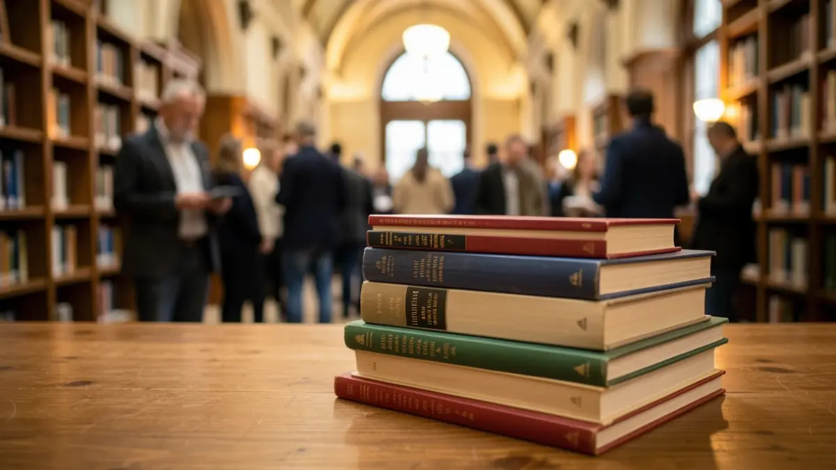 Generic image of stacked books on a wooden table, with a blurred library background, warm light.