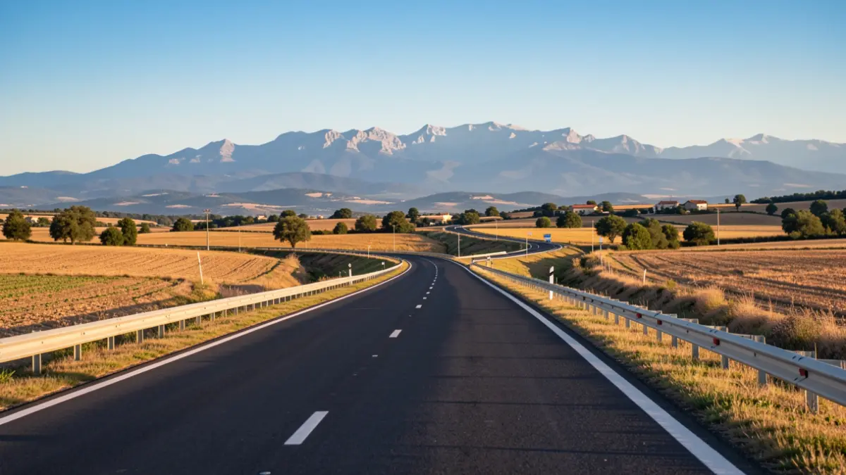 Generic image of a newly inaugurated road bypass in a rural Occitanie landscape, with the Pyrenees in the distance under a blue sky.