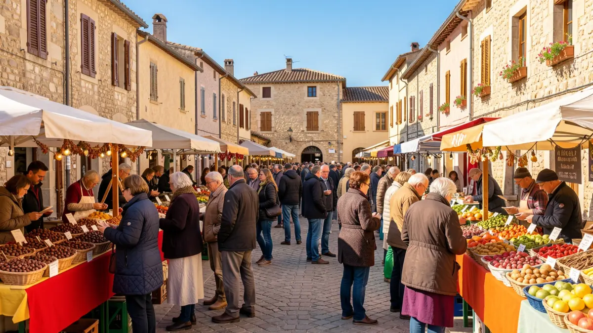 Scène de fête de la châtaigne dans un village du Gard, avec des stands, des animations et des familles.