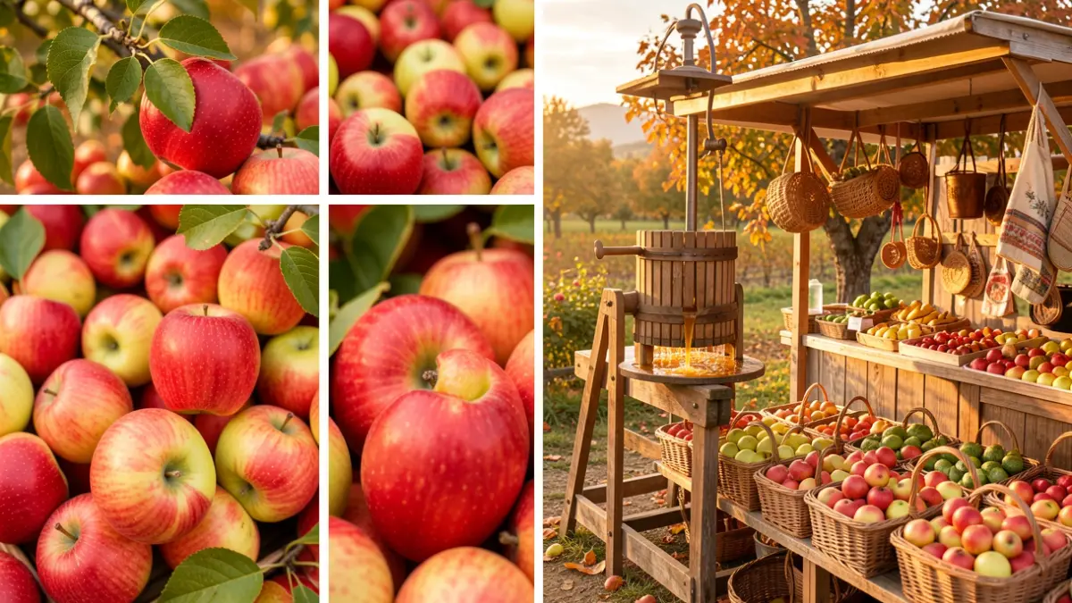 Scene from the Apple Festival in Sauveterre-de-Comminges, showing harvest, pressing, and artisanal market.