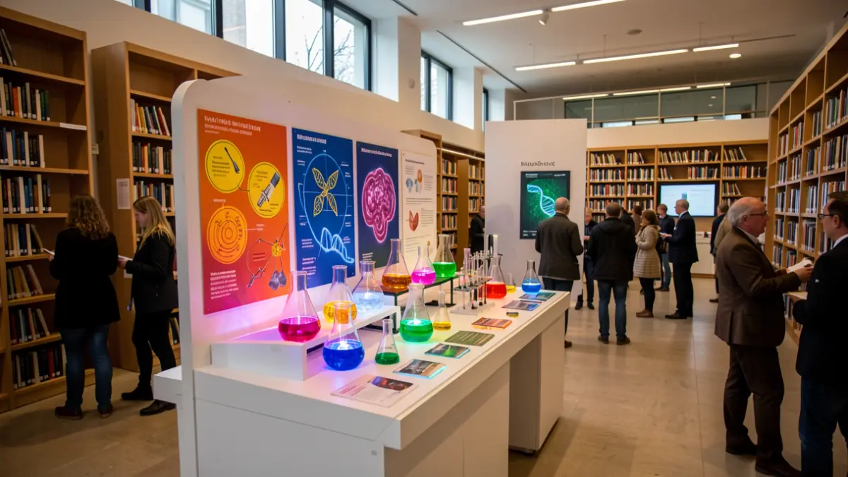 Image générique d'une exposition scientifique interactive et colorée dans un centre médiatique, avec des activités pour tous les âges.