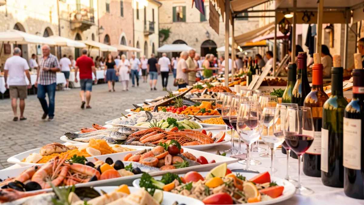 Food festival scene in Marseillan with seafood and wine stalls.