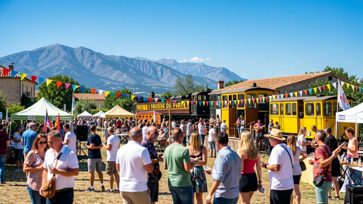 Outdoor festival scene at the Regional Natural Park of the Catalan Pyrenees, with musicians and visitors enjoying the event.