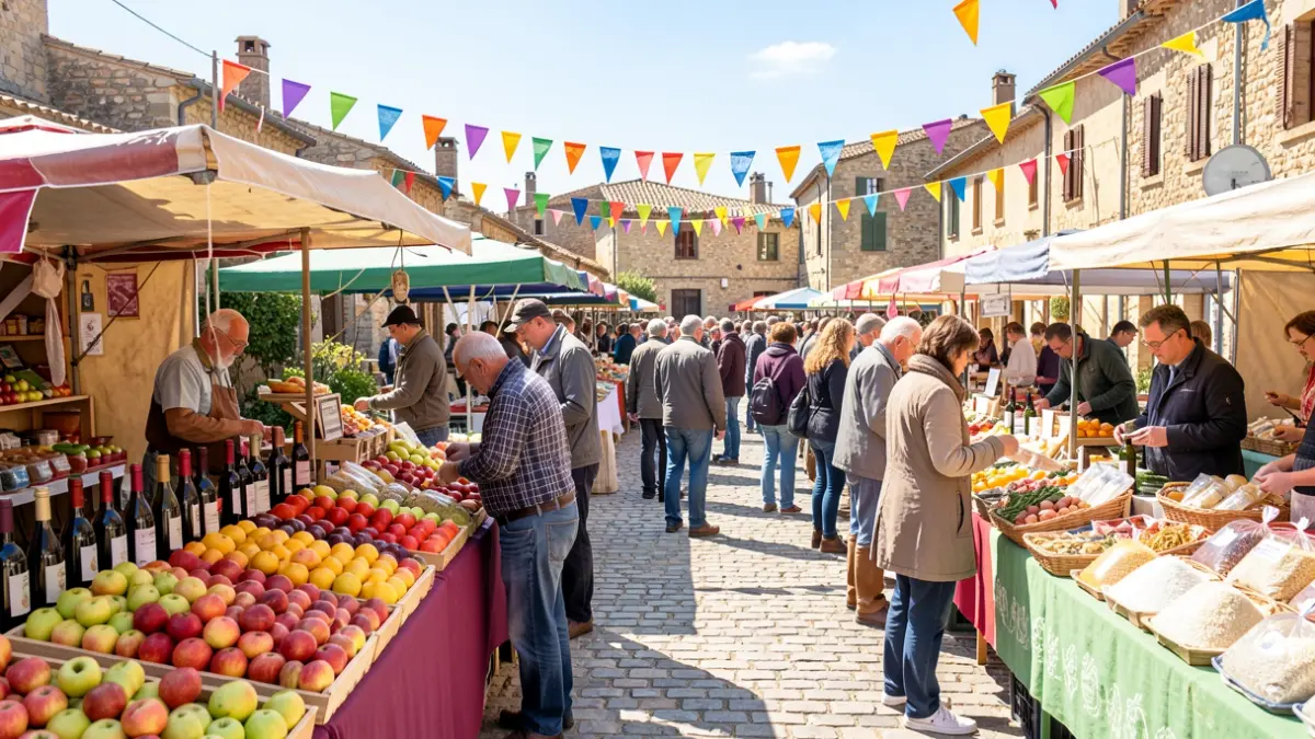 Scène de marché colorée à Aigues-Vives, mettant en avant les produits locaux comme les pommes, le vin et le riz, avec des producteurs et des visiteurs.