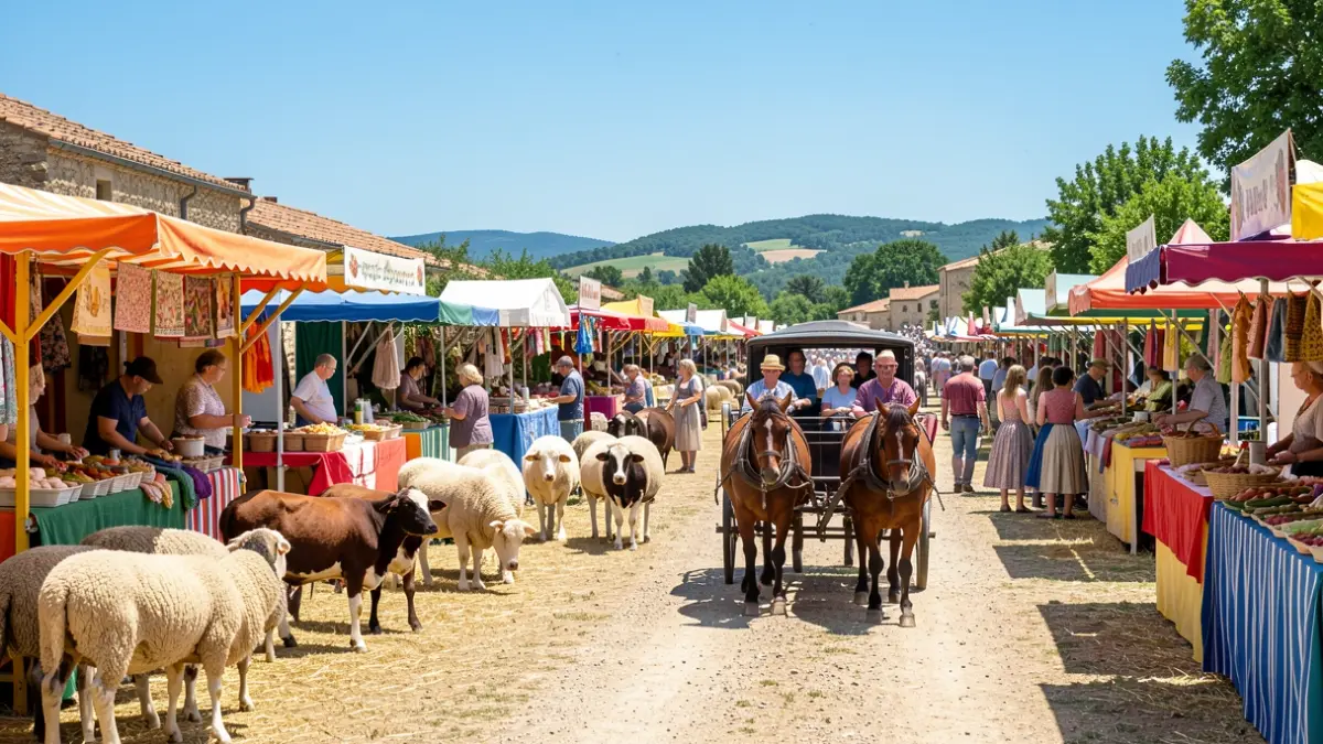 Image générique d'une foire rurale dans le Sud de la France avec des animaux de ferme et des familles profitant de l'ambiance festive.