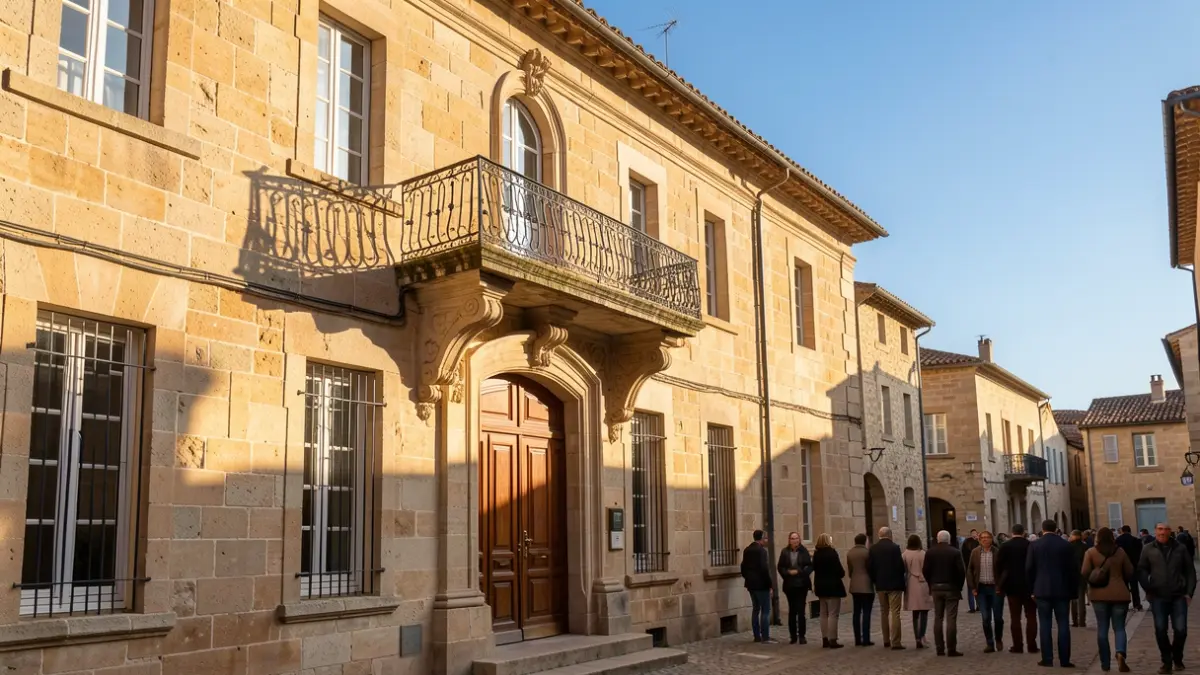 Generic image of a South of France town hall facade with an ornate balcony and iron railings. Warm afternoon light.