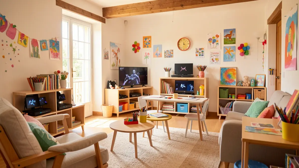 Image générique d'un espace de vie sociale pour jeunes rénové, avec mobilier moderne et matériel de loisirs.