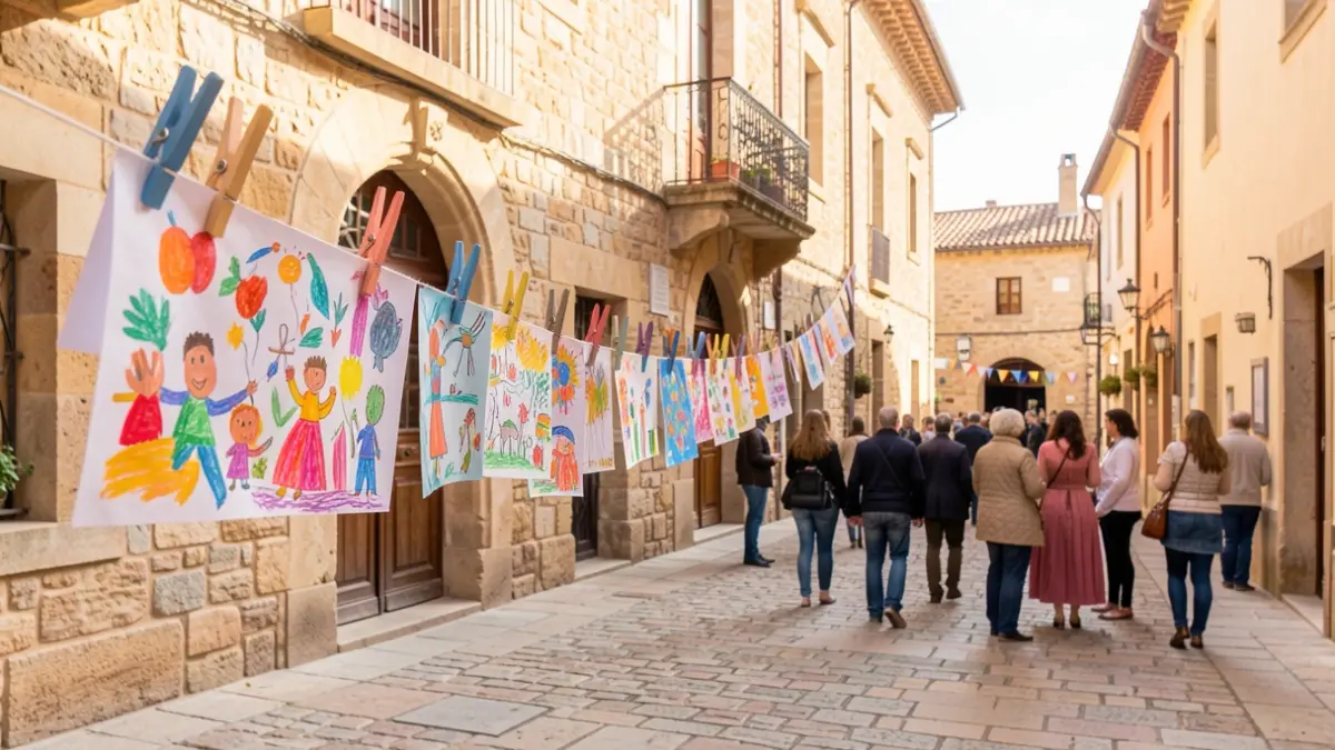 Generic image of children's artworks hanging on clothespins in an alley.
