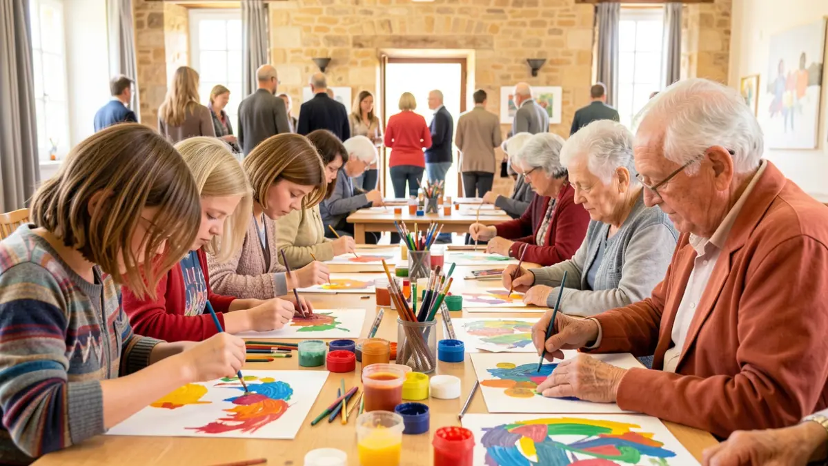 Generic image of children and elderly people collaborating on art projects in a bright, communal space.