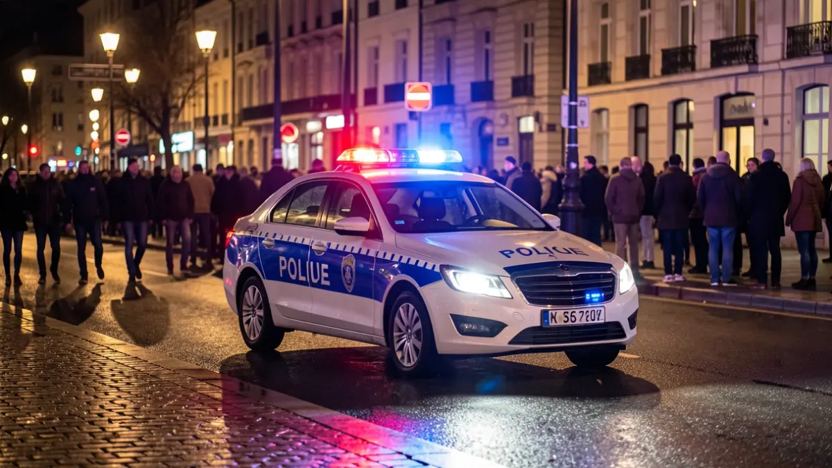 Image générique de gyrophares de police sur route mouillée la nuit.