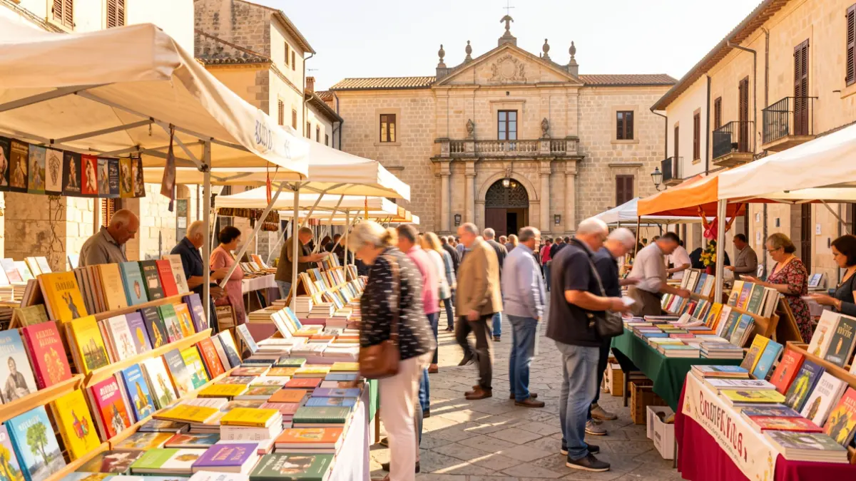 Generic image of a book fair in a public space in southern France, with book stalls and a blurred crowd.