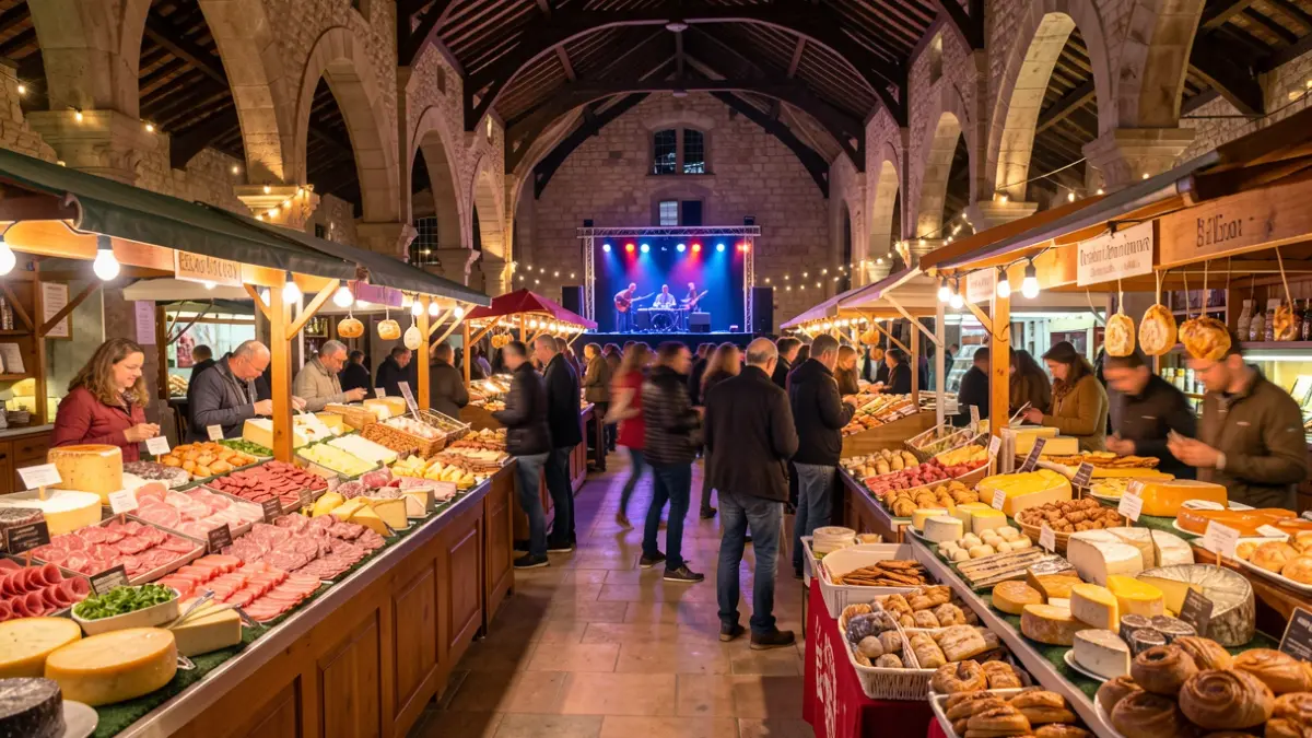 Scène nocturne animée dans un marché couvert, avec des stands de gastronomie locale, de la musique et des gens qui dansent.