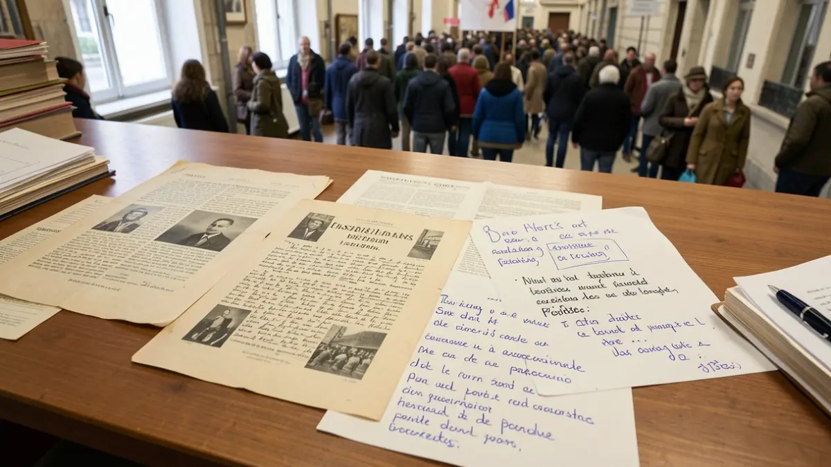 Collage of historical documents and modern handwritten notes on a desk, representing the rewriting of a civic text by young people, with subtle background elements of the French Resistance era and contemporary concerns like climate change.