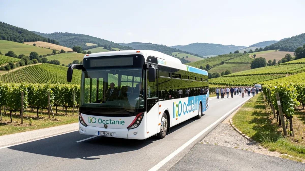 Generic image of a liO Occitanie electric bus on a sunny road.