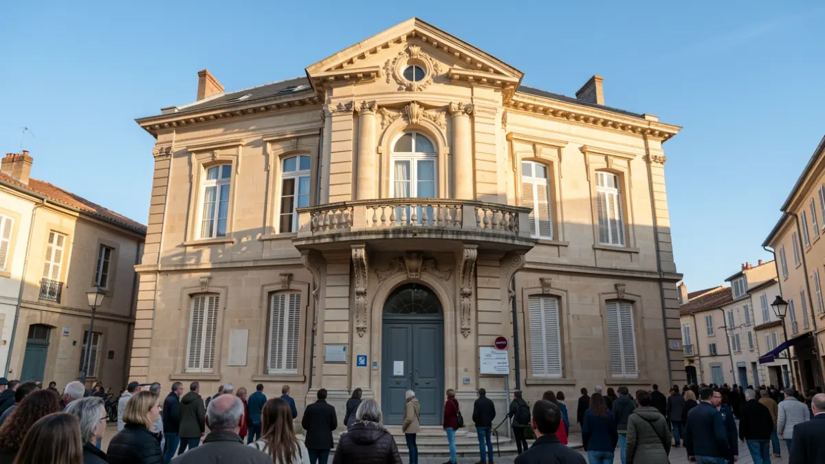 Facade of the Castelnau-le-Lez town hall, a building with classic architecture, featuring an ornate balcony and stone details. Warm afternoon sunlight illuminates the building.