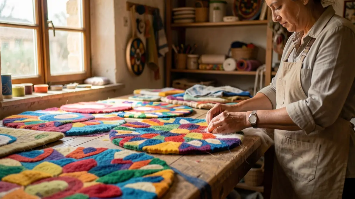 Interior of a wool artisan workshop in Mirepoix, featuring colorful felt creations.