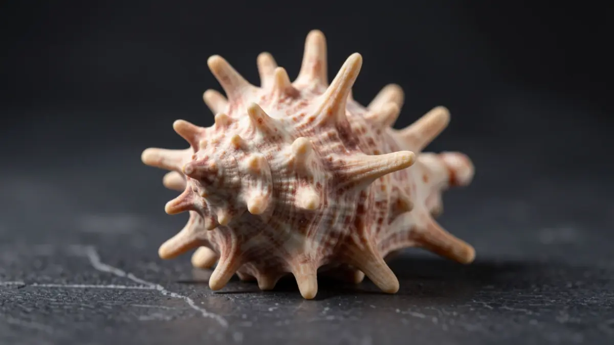 Gros plan d'un coquillage peigne de Vénus (Murex pecten) avec ses épines caractéristiques, sur une surface sombre et texturée.
