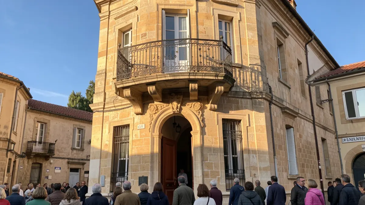 Image générique de la façade d'un bâtiment officiel du sud de la France, avec un balcon orné et des ombres portées par le soleil de l'après-midi.