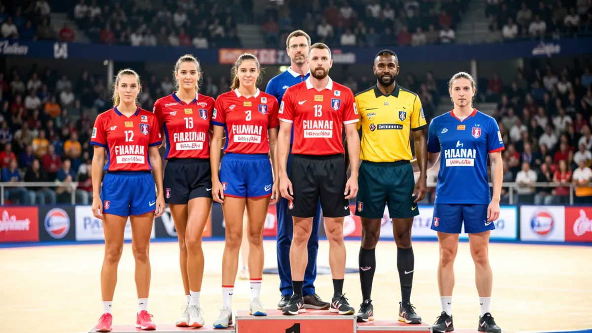 Generic image of French athletes in competition attire, including cesta punta players and a referee, on a podium in front of a pelota court.