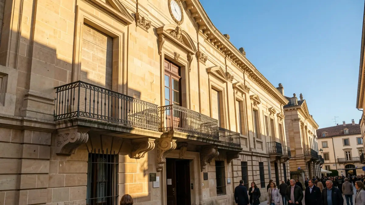Façade en pierre d'une mairie d'Occitanie avec balcon orné et rambardes en fer forgé, soleil d'après-midi chaud projetant des ombres sur les murs en grès, ciel bleu.