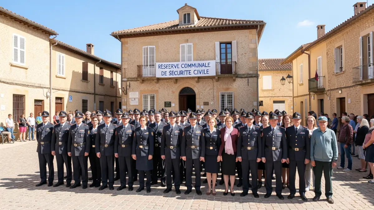Image générique de volontaires en uniforme devant un bâtiment municipal.